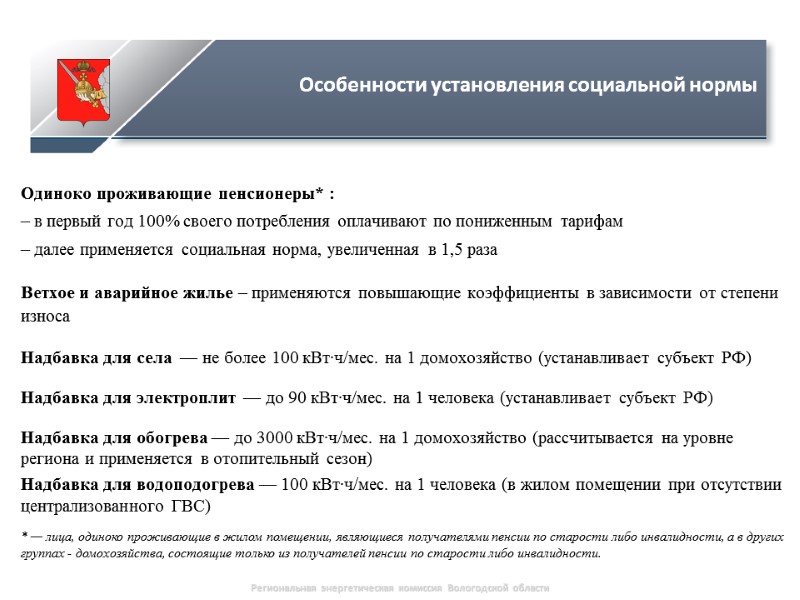 Одиноко проживающие пенсионеры* : – в первый год 100% своего потребления оплачивают по пониженным